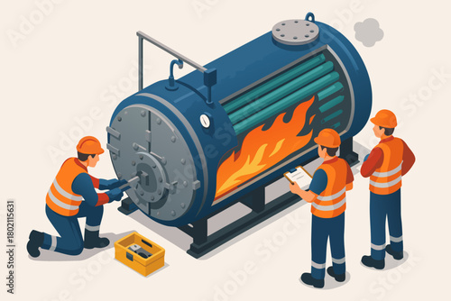 Professional engineers inspect boiler system with burning flame for safety maintenance and quality control in industrial plant
