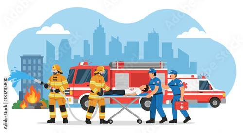 Firefighters and paramedics responding to an emergency, with fire truck and ambulance at the scene, and patient being attended to in front city skyline