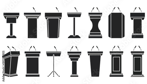 Illustration of various podiums with microphones in black silhouette