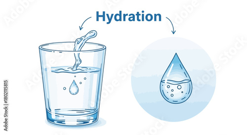 Glass water with splash and drop water, illustrating the concept hydration and the importance drinking water for health