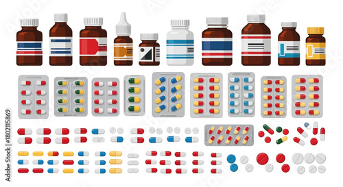 Collection various medicine bottles, blister packs, and pills, including capsules and tablets, on