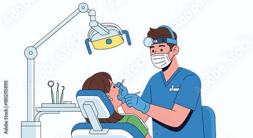 Dentist examining patients teeth in dental chair, with medical instruments and bright examination lamp overhead, illustrating dental care and oral hygiene practices