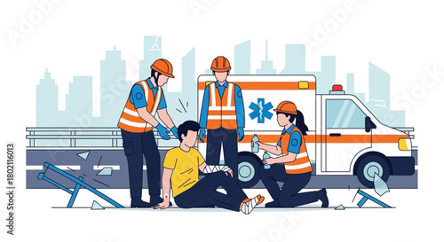 Paramedics in uniform assisting an injured person on the side road with an ambulance and city skyline in the, illustrating emergency medical services and accident response