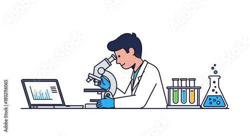 Scientist examining sample under microscope with laptop displaying charts and test tubes with colorful liquids in laboratory setting