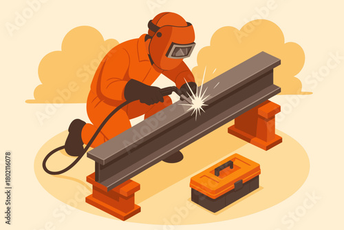 Skilled welder crafting steel beam with precision in a workshop highlighting industrial strength and meticulous craftsmanship