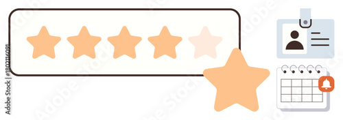 Five-star rating bar, ID badge, and calendar with notification icon. Ideal for review systems, scheduling, identity verification, feedback, quality assurance, customer satisfaction simple flat
