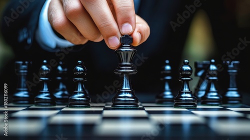 A hand is moving a black King chess piece