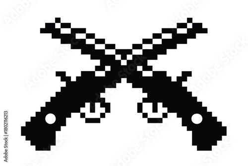 Two crossed pixelated black dueling pistols create an old west symbol on a white background