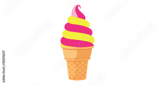A colorful illustration of a soft serve ice cream cone with alternating layers of pink and yellow, set against a white background.
