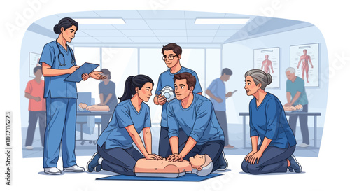 Group people practicing cpr on dummy during first aid training session, with instructors guiding them, emphasizing lifesaving skills and emergency preparedness