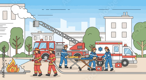 Firefighters responding to fire emergency with fire truck, ambulance, and ladder truck, illustrating rescue operations and teamwork in an urban setting