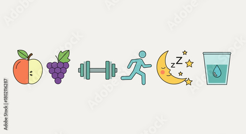 Collection icons representing healthy lifestyle elements apple, grapes, dumbbell, runner, sleeping moon, and glass water, symbolizing diet, exercise, sleep, and hydration