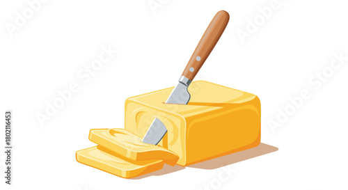 A block of golden yellow butter is being cut with a silver butter knife, showcasing a smooth, creamy texture and a classic kitchen staple.