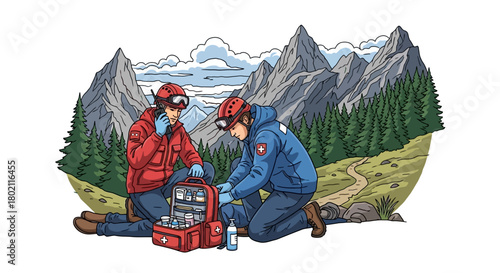 Mountain rescue team providing first aid to an injured person in remote alpine environment with rugged peaks and dense pine forest, emphasizing emergency medical care and survival