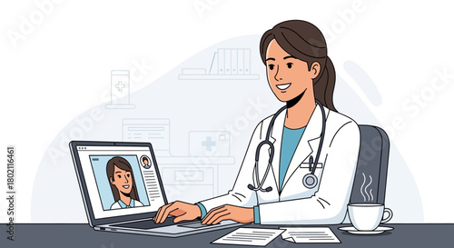 Smiling female doctor wearing stethoscope is using laptop for telemedicine consultation, showing remote healthcare and online medical advice, isolated on
