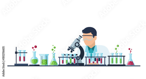 Scientist in laboratory using microscope surrounded by various laboratory equipment and colorful chemical solutions in test tubes and beakers