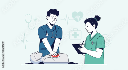 Two medical professionals practicing cpr on training dummy, with medical icons in the, illustrating healthcare training and emergency response skills