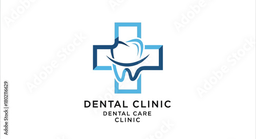 Dental clinic logo with tooth inside blue cross, symbolizing dental care and health