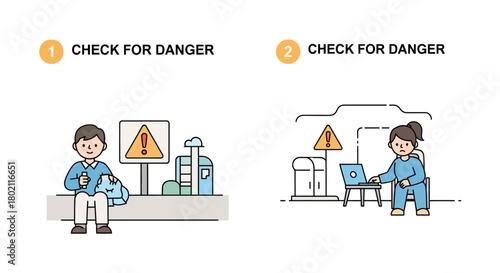 Two illustrations showing person checking for danger before sitting down and person checking for danger before using laptop, emphasizing safety precautions