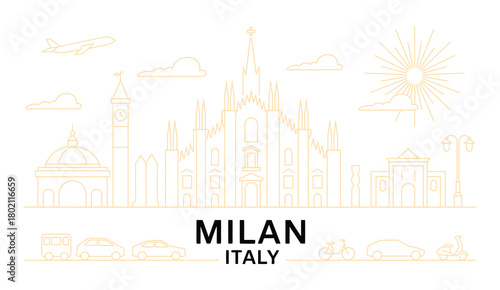City of milan in outline style on white, minimalist line art vector featuring city layout, cultural landmarks, and street details, suitable for travel posters