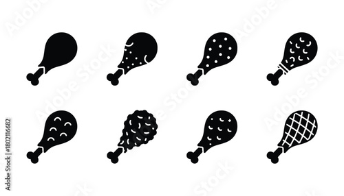 Different styles of chicken drumsticks black and white vector icons