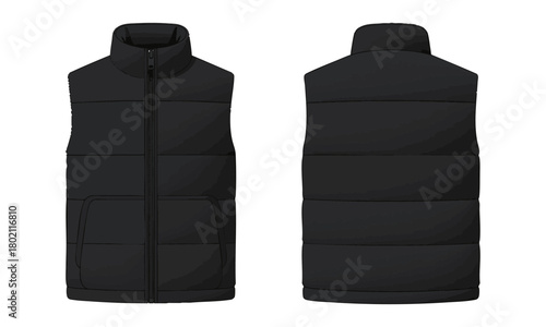 Insulated puffer vest front and back clean vector illustration, easily editable. 