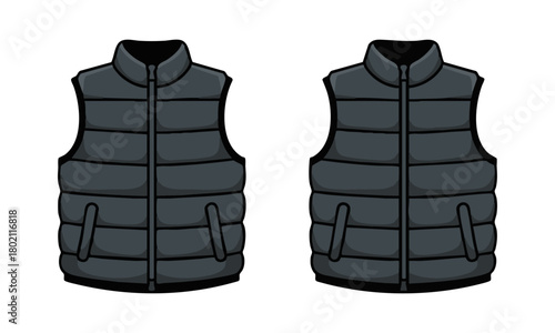 Black puffer vest front and back vector template
 illustration, easily editable. 