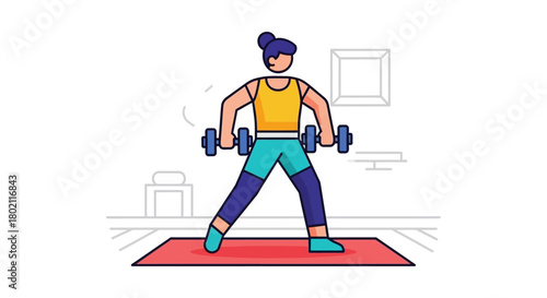 Woman with her hair in bun, wearing yellow tank top and teal leggings, performing dumbbell exercise on red yoga mat, with minimalist room decor in the