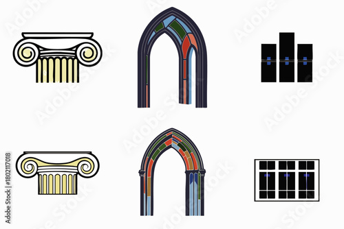 A vector illustration shows architectural details, including column capitals, gothic arches, and window designs, offering a glimpse into architectural history and design.