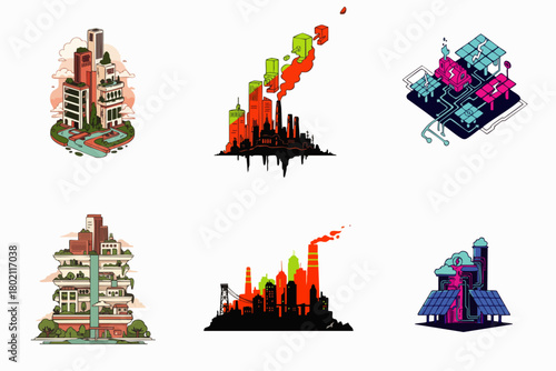 A collection of six vector illustrations depicting sustainable and eco-friendly urban and rural landscapes, showcasing green energy and modern architecture.