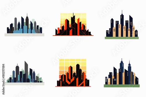 A vibrant collection of six distinct city skyline illustrations, each showcasing a unique architectural style and color palette against a clean, white backdrop.