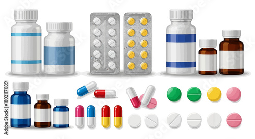 Assortment pharmaceutical products including bottles, blister packs, capsules, and pills in various colors and sizes, signifying medication and treatment options