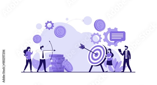 Business target achievement illustration with team aiming at goal.