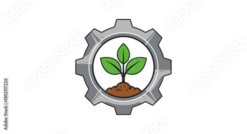 Illustration of a plant growing inside a gear, symbolizing technology and agriculture.