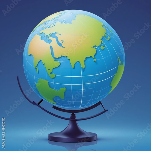 A realistic illustration of a globe on a stand, showcasing continents and oceans with a blue gradient background, representing global connectivity and geography