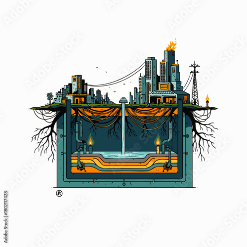 A stylized illustration depicts a city and its underground energy source, showcasing the relationship between urban life and the resources that sustain it.