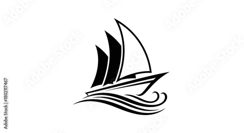 Elegant black and white line art of a sailboat with three sails gliding on stylized waves.