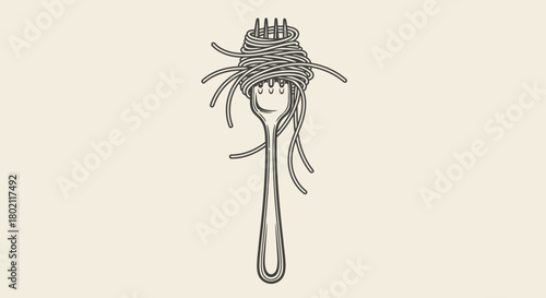 A stylized illustration of a fork with spaghetti tangled around its tines, set against a plain background.