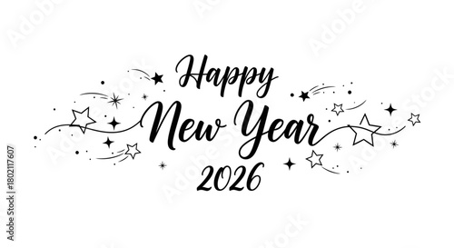 Elegant black and white Happy New Year 2026 text with stars and swirls design.