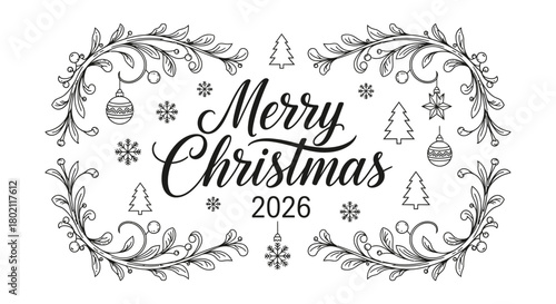 Merry Christmas 2026 calligraphic text with a decorative floral frame, snowflakes, and ornaments.