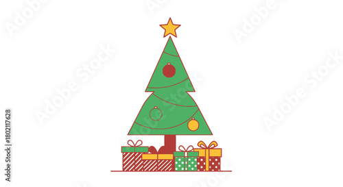 A festive illustration of a Christmas tree adorned with ornaments and topped with a star, surrounded by wrapped gifts.