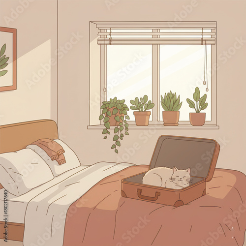 Adorable cat curled up in an open suitcase on a cozy bed beside plants and window. Warm peaceful illustration symbolizing travel, comfort, and home life.. Vector illustration