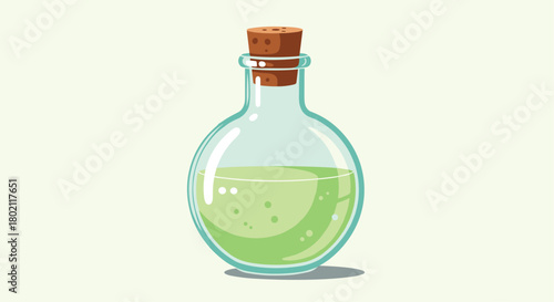 A charming illustration depicts a glass bottle filled with a luminous green liquid, sealed with a traditional cork stopper, evoking a sense of magic and alchemy.