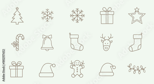 Collection of Christmas themed line art icons on a light background.