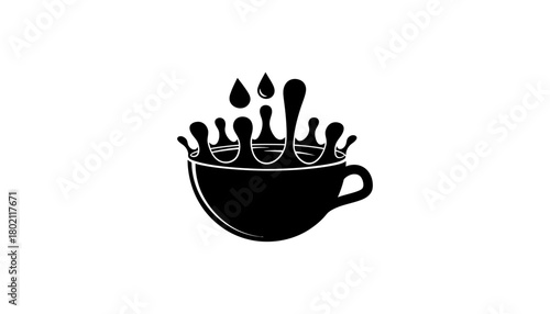 A black and white graphic of a cup with liquid splashing out of it