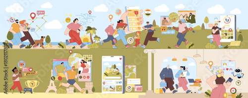 Group Activities and Geolocation in Vector Illustration