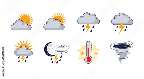 Colorful weather icons depicting various atmospheric conditions including sun, clouds, rain, lightning, wind, temperature, and a tornado, perfect for forecasts.