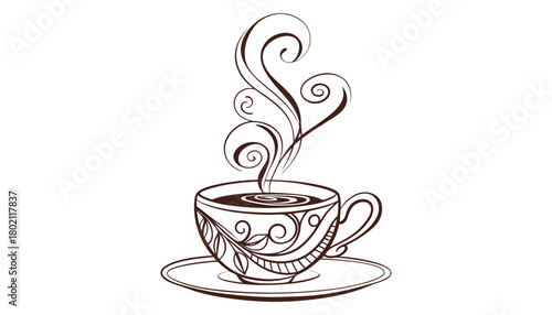 Stylized drawing of a coffee cup with steam on a white background