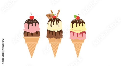 A colorful collection of three ice cream cones with various flavors and toppings, including chocolate sauce and cherries, presented on a white background.