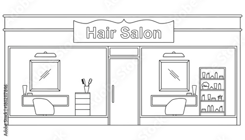 Outline drawing of a hair salon with mirrors chairs and product shelf